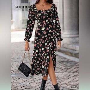 SHEIN Floral Long Sleeve Dress in Black and Pink